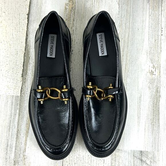 Steve Madden Women’s 11 Black Leather Karmine Gold Buckle Chunky Loafers NEW - Picture 2 of 9